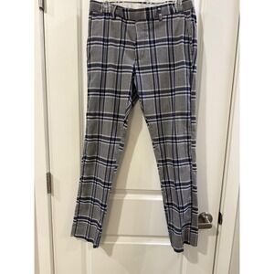 Topman Mens Blue Brown Plaid Slim Fit Dress Pants Trousers 30x30 Flat Front